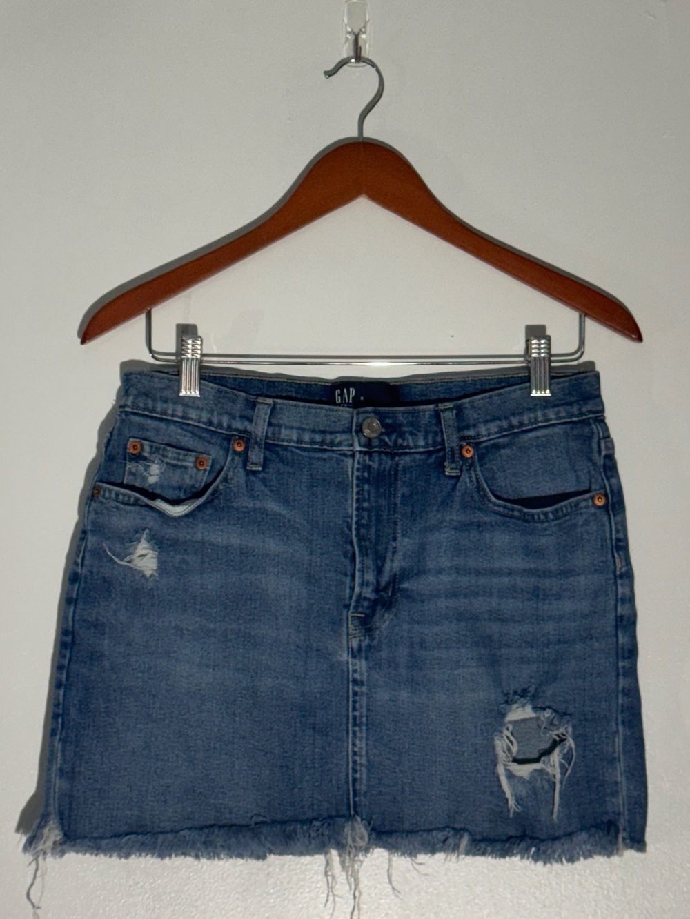 Gap Denim Distressed Frayed Hem Mini Jean Skirt Light Wash Size 8